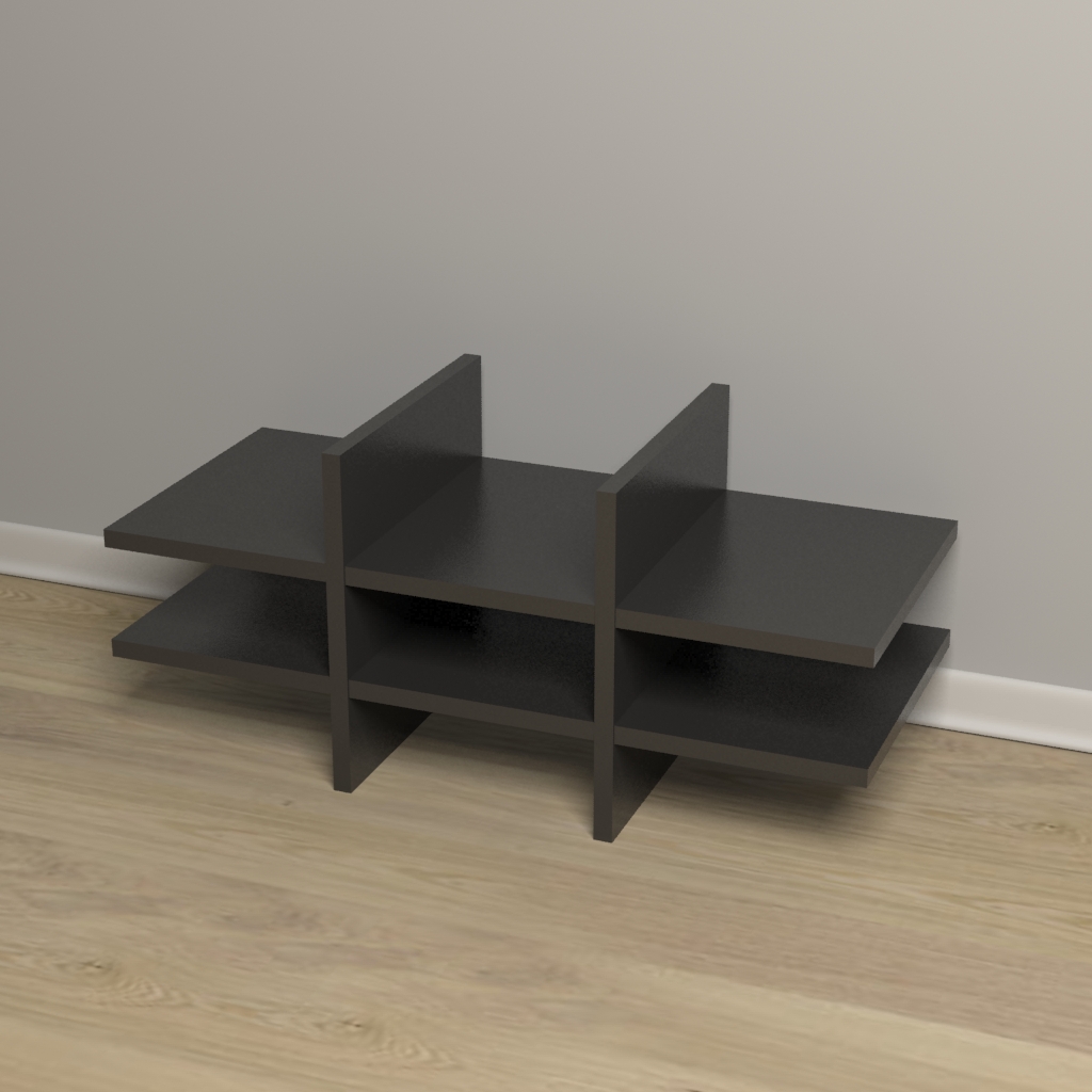 Sort, moderne hylde med geometrisk, horisontal opbygning og symmetriske lodrette skillevægge, stående mod en lysgrå væg. Hylden har tre åbne niveauer med mørke, flade hylder og skarpe kanter. Den står på lyst trægulv foran en hvid fodliste og kaster bløde skygger på væggen.